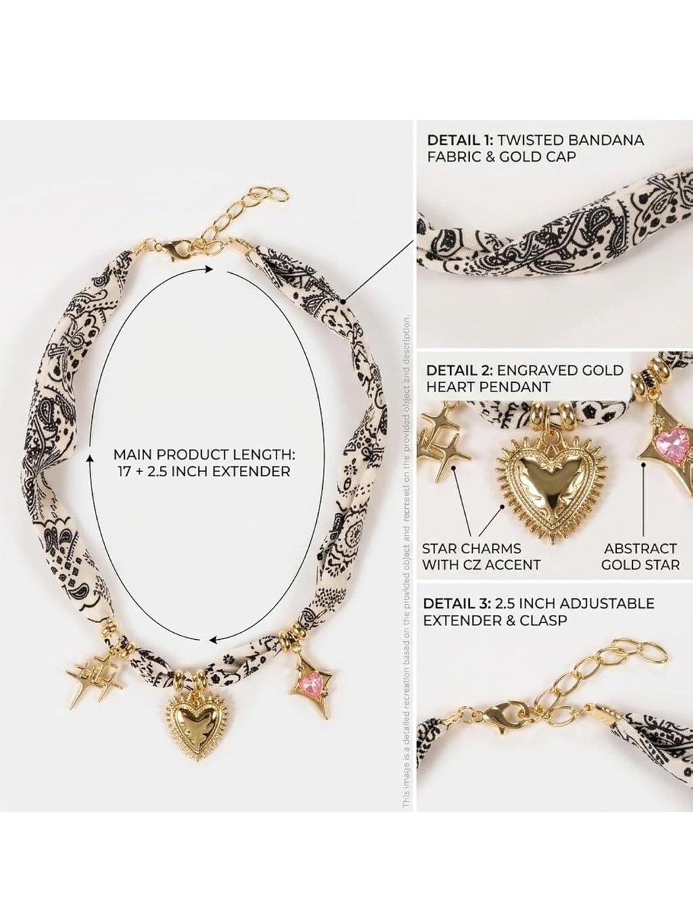 Anthropologie Cream & Black Bandana Choker with Gold Heart and Star Charms - Picture 2 of 3